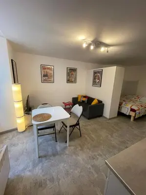 Un ou plusieurs lits dans un hébergement de l'établissement Studio RdC parking privé gratuit