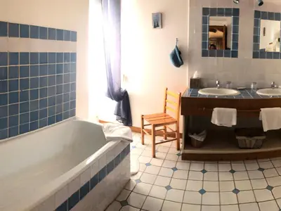 Salle de bains dans l'établissement Charmantes chambres avec piscine près de l'abbaye de Solesmes - FR-1-410-403