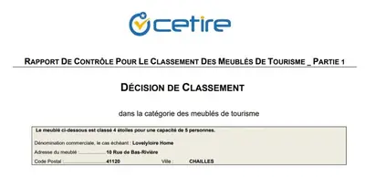 Certificat, récompense, panneau ou autre document affiché dans l'établissement LovelyloireHome- Cœur des châteaux -Classé 4 étoiles