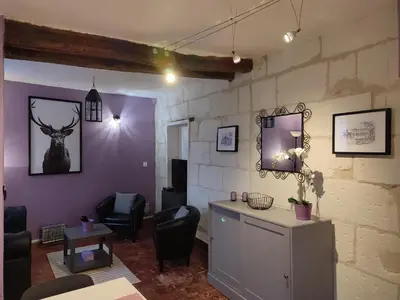 Coin salon dans l'établissement Gîte 18ème avec jardin, jeux, et ateliers cuisine près de l'Abbaye de Pontlevoy. - FR-1-491-349