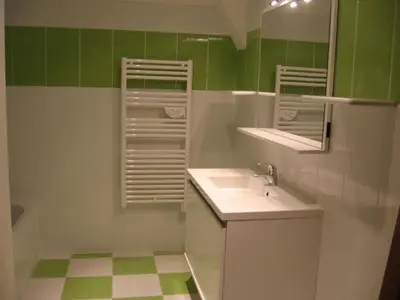 Salle de bains dans l'établissement Gîte moderne dans ferme rénovée avec piscine chauffée, animaux acceptés - FR-1-491-377
