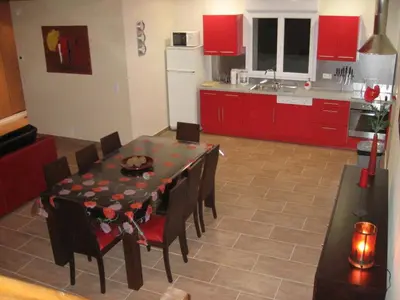 Cuisine ou kitchenette dans l'établissement Gîte moderne dans ferme rénovée avec piscine chauffée, animaux acceptés - FR-1-491-377