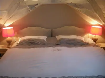 Un ou plusieurs lits dans un hébergement de l'établissement Charmante maison avec jardin privatif, proche des Châteaux de la Loire, animaux acceptés - FR-1-491-422