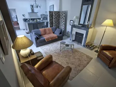 Coin salon dans l'établissement Gîte de Charme au Cœur de Blois avec Jardin Privé, Garage et Équipements Modernes - FR-1-491-425