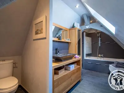 Salle de bains dans l'établissement Gîte charmant avec jardin, proche activités nautiques - FR-1-622-75