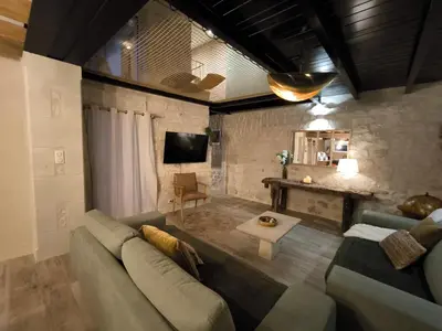 Télévision ou salle de divertissement dans l'établissement Gîte du Puits Chauveau Spa Vignes Chateaux 8pers