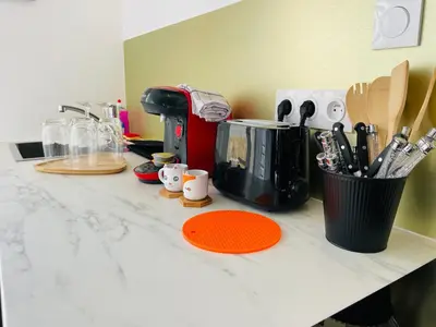 Cuisine ou kitchenette dans l'établissement Les Remparts, 5min du ZooParc