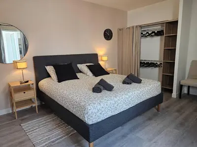 Un ou plusieurs lits dans un hébergement de l'établissement Belle Maison Loft patio jacuzzi clim Tours