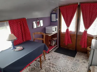 Télévision ou salle de divertissement dans l'établissement Le Clos des Epinettes Roulotte Bleuet