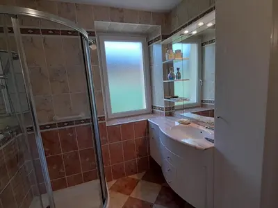 Salle de bains dans l'établissement Gîte spacieux avec jardin, WiFi, animaux admis - FR-1-410-462