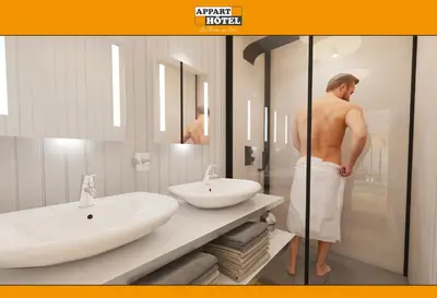 Salle de bains dans l'établissement APPART'HÔTEL Les Prés Blondeau, 1 à 10 personnes, 3 chambres, Terrasse, Parking privé, Wifi, Arrivée autonome 24-7