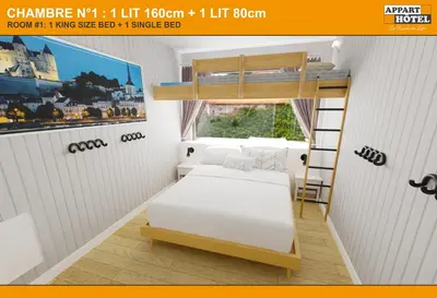 Un ou plusieurs lits dans un hébergement de l'établissement APPART'HÔTEL Les Prés Blondeau, 1 à 10 personnes, 3 chambres, Terrasse, Parking privé, Wifi, Arrivée autonome 24-7