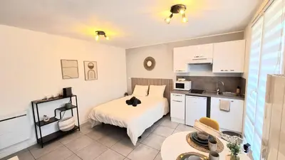 Cuisine ou kitchenette dans l'établissement Studio Cosy et Élégant avec place privée
