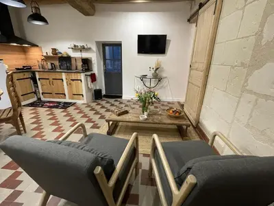 Télévision ou salle de divertissement dans l'établissement Gîte spacieux en Touraine avec jardin et terrasse, proche vignobles - FR-1-381-605