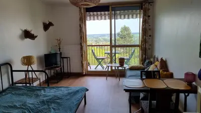Coin salon dans l'établissement Sudio tout équipé avec balcon