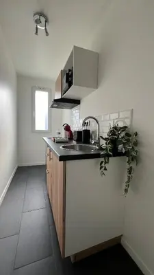 Cuisine ou kitchenette dans l'établissement Studio Jozy I confort et jardin en ville 4pers I Futuroscope