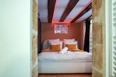 Un ou plusieurs lits dans un hébergement de l'établissement La Plume d'Amour- Love Room au Cœur du Vieux Tours