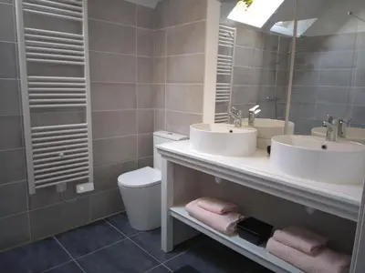 Salle de bains dans l'établissement Gite troglodyte LA ROCHE D'ETIAU en Anjou