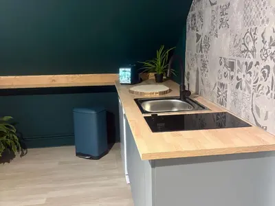 Cuisine ou kitchenette dans l'établissement Gîte chaleureux pour 4 pers avec piscine chauffée et bien-être - FR-1-410-483
