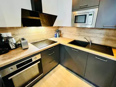 Cuisine ou kitchenette dans l'établissement Appartement spacieux & familial, climatisation, hypercentre de Tours, le Belvédère