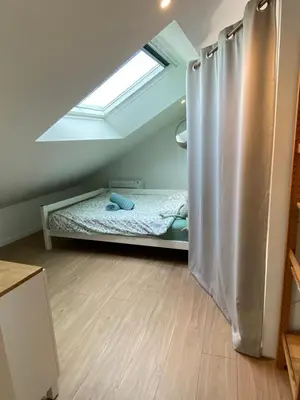 Un ou plusieurs lits dans un hébergement de l'établissement Charmant studio neuf sous les toits