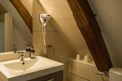 Salle de bains dans l'établissement Logis Auberge Le Colombien - Hôtel et Restaurant