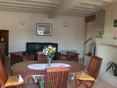 Coin salon dans l'établissement Gîte cosy en tuffeau, rénové, au cœur de la Touraine, proche châteaux, cour privative, vélos, non-fumeur - FR-1-381-209
