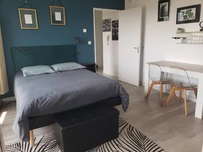 Un ou plusieurs lits dans un hébergement de l'établissement LE VINCI Studio tout confort proche centre ville avec terrasse et parking