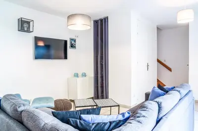 Télévision ou salle de divertissement dans l'établissement Maison d'architecte centre Tours jardin, climatisation, parking 5 p