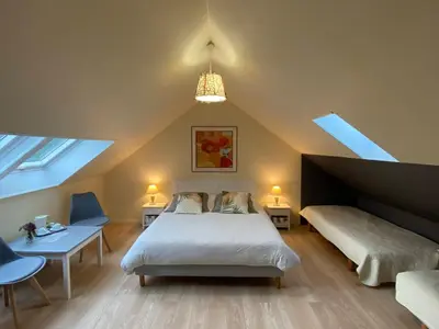 Un ou plusieurs lits dans un hébergement de l'établissement Les Mariniers Chambres d'Hôtes avec aire de jeux proche du ZooParc de Beauval - Spa nordique en option