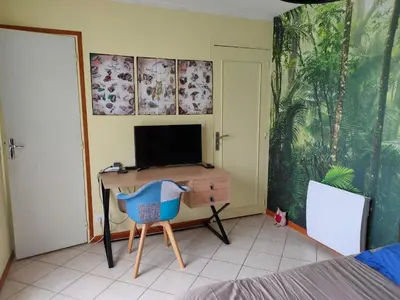 Télévision ou salle de divertissement dans l'établissement chambre avec SDB privative en pleine campagne