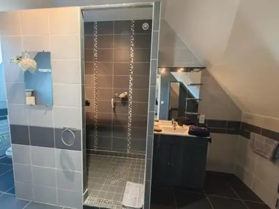 Salle de bains dans l'établissement Gîte confort aux portes des châteaux, jardin, terrasse, WIFI, vélos, proche A85 et balades nature - FR-1-381-502