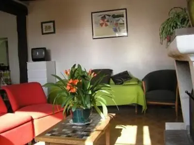 Coin salon dans l'établissement Gîte Champêtre avec Piscine Chauffée, Cheminée, et Terrasse en Plein Sud - FR-1-410-131