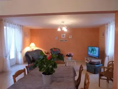 Télévision ou salle de divertissement dans l'établissement Fermette rénovée avec terrasse, internet et garage près de Vallon-sur-Gée - FR-1-410-212