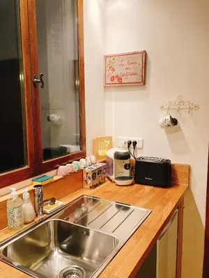 Cuisine ou kitchenette dans l'établissement L’Alcalys - Maison de vacances au vert - Sans TV