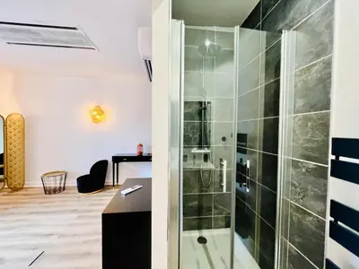 Salle de bains dans l'établissement Hypercentre, spacieux, lumineux, climatisé, le Quai de Loire