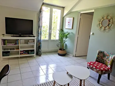 Télévision ou salle de divertissement dans l'établissement Gîte La p'tite terrasse Chinon centre Parking gratuit
