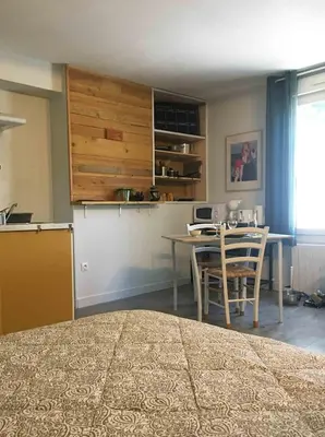 Cuisine ou kitchenette dans l'établissement Les Studios de l'Escale proche du Zoo de Beauval