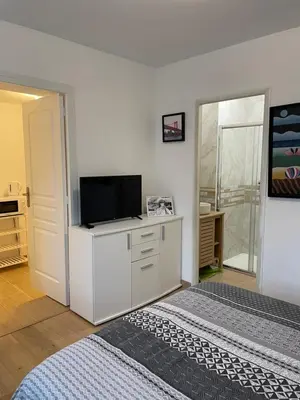 Télévision ou salle de divertissement dans l'établissement Cosy studio, lit double