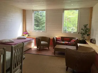 Coin salon dans l'établissement Maison familiale au cœur d'une forêt centenaire avec piscine et proche du Zoo de la Flèche - FR-1-410-395
